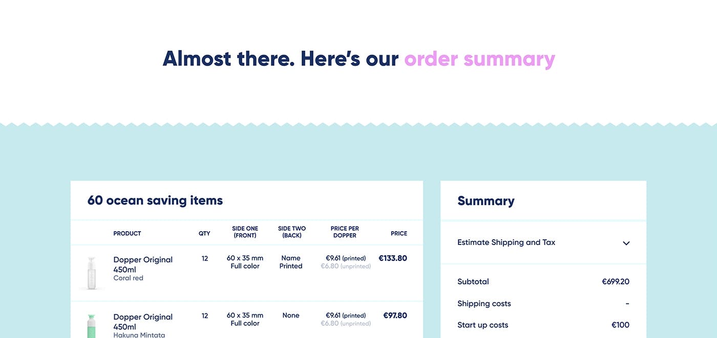 Screenshot order summary of B2B order in Dopper shop